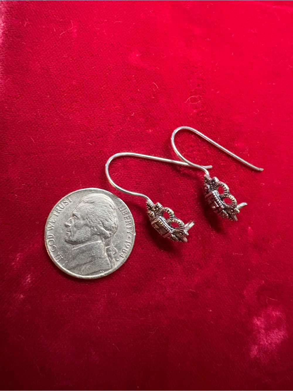 Earrings Vintage 925 Sterling Silver Marcasite Drop Feminine Ornate - Picture 7 of 7